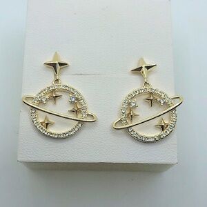 STERLING Gold Plated Saturn & Stars Cz Stone Celestial Galaxy Earrings 1”